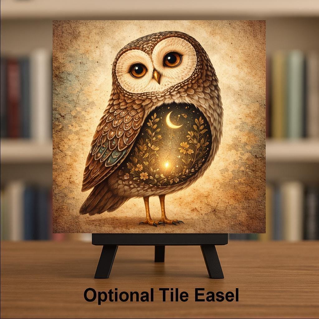 Owl Moonlight Ceramic Tile Wall Art - Whimsical Night Forest Home Decor Stained Glass Style Gift
