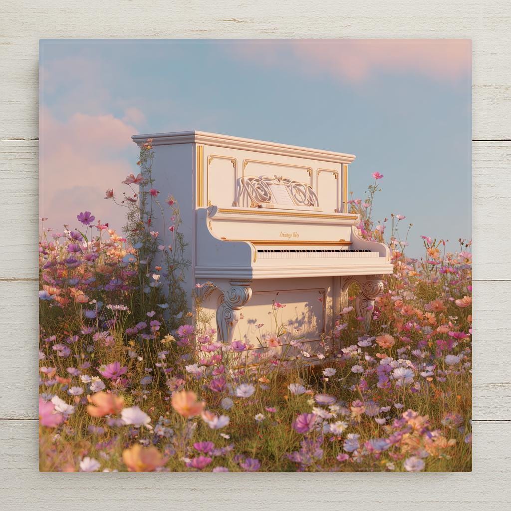 Stained glass style white piano ceramic tile surrounded by cascading wildflowers in teal and gold, a vivid music lover gift for a cottage or music room.