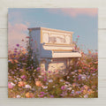 Stained glass style white piano ceramic tile surrounded by cascading wildflowers in teal and gold, a vivid music lover gift for a cottage or music room.
