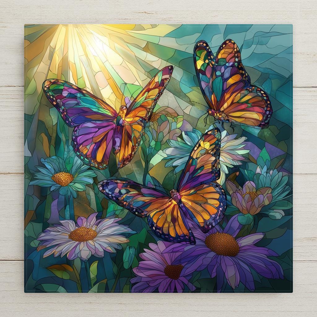 Monarch butterfly ceramic tile wall art featuring stained glass–style butterflies and wildflowers in vibrant jewel tones. Colorful nature wall decor with symbolic meaning. Permanent print on ceramic tile, not real stained glass or mosaic. Designed for wall or shelf display with optional wall hanger, easel stand, cork backing, or premium frame.