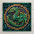 Celtic dragon wall art featuring an emerald dragon framed by intricate knotwork-inspired patterns in a stained-glass style. This ceramic tile symbolizes strength, protection, and wisdom, making it meaningful fantasy home decor or a unique Celtic-inspired gift. Optional wall hanger, easel stand, cork backing, or premium frame available.