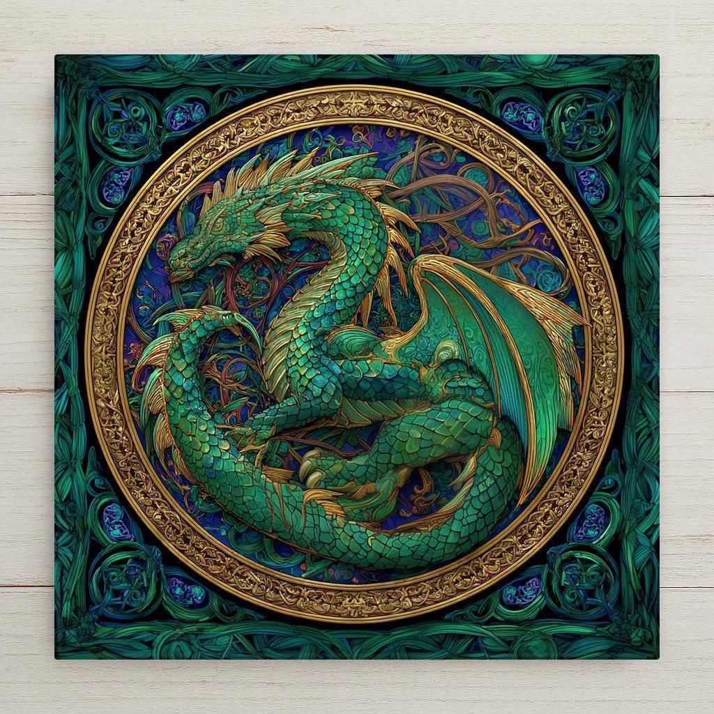 Celtic dragon wall art featuring an emerald dragon framed by intricate knotwork-inspired patterns in a stained-glass style. This ceramic tile symbolizes strength, protection, and wisdom, making it meaningful fantasy home decor or a unique Celtic-inspired gift. Optional wall hanger, easel stand, cork backing, or premium frame available.