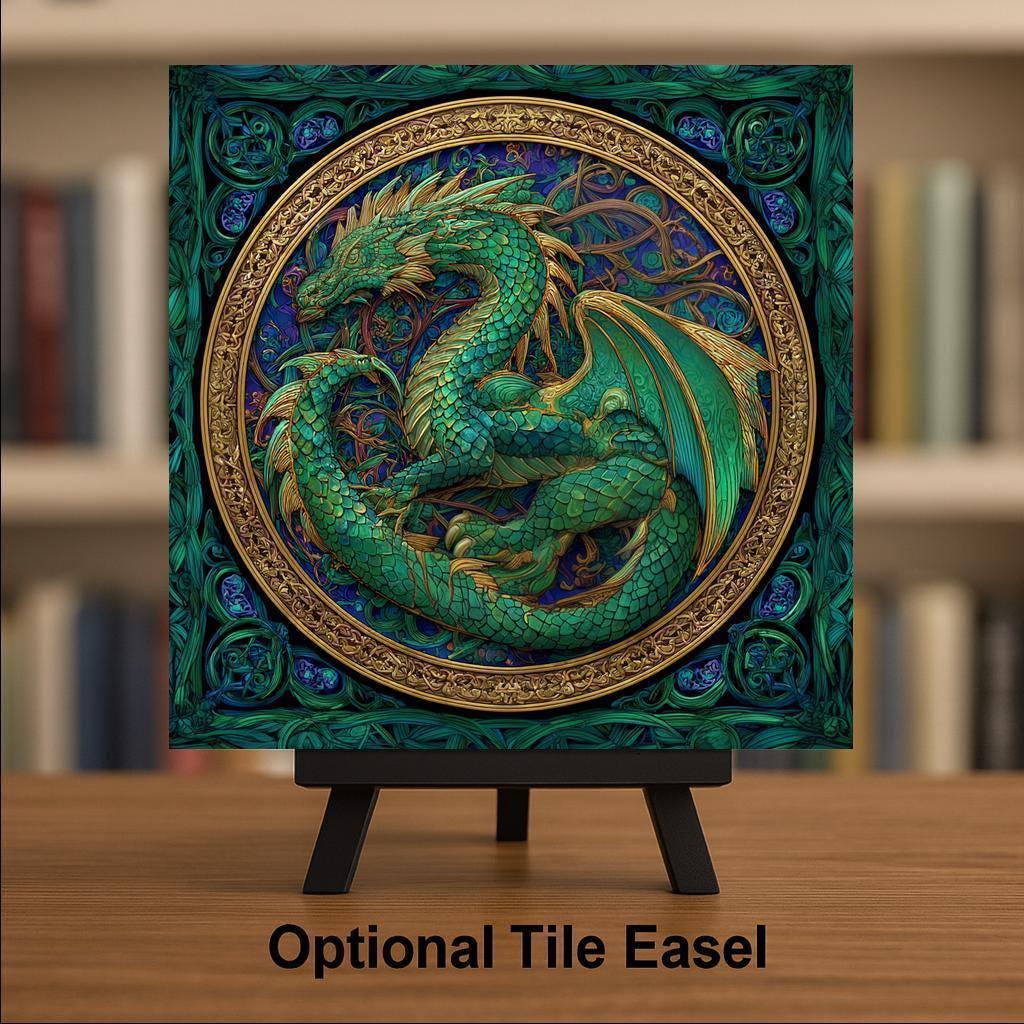 Celtic Dragon Wall Art Ceramic Tile Stained Glass Style Fantasy Knotwork Design Mythical Home Decor Gift