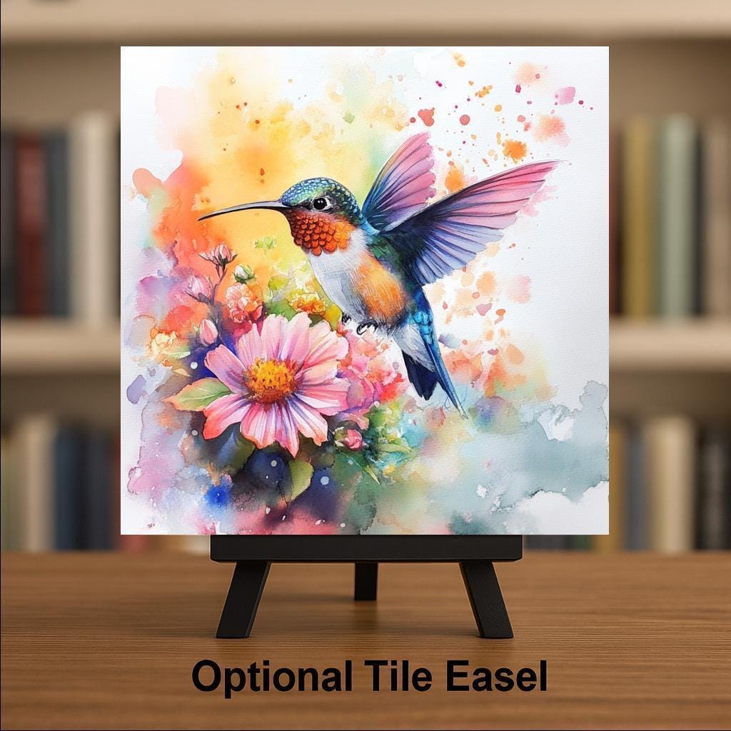 Watercolor Floral Hummingbird Wall Art Ceramic Tile Garden Gift Stained Glass Style Decor Bird Art Hummingbird Gift Tile