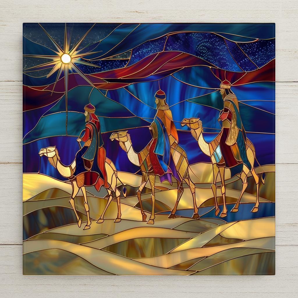 Home decor stained glass–style ceramic tile featuring the Three Wise Men on camels beneath the Star of Bethlehem wall art. While it may look like stained glass or mosaic, this is a permanent print on tile. Printed with premium inks for vivid, lasting color. Optional add-ons include a tile wall hanger, easel tile stand, or cork backing. Perfect for Christmas décor, Nativity wall art, or spiritual holiday gifts.