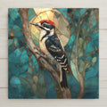 Luminous Downy Woodpecker ceramic art tile in stained glass style. Includes optional wall hanger, easel stand, or cork backing. A nature-inspired accent to add warmth and story to your home decor and wall art.