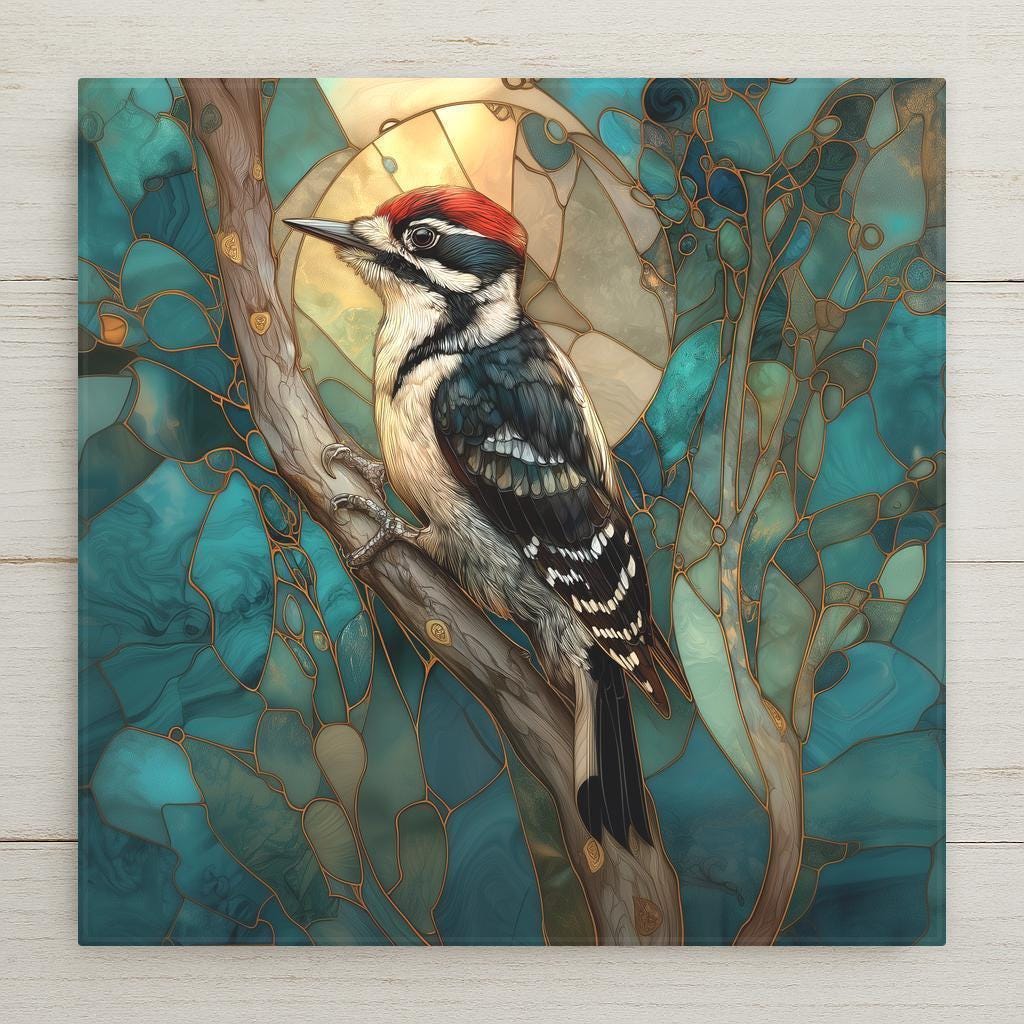 Luminous Downy Woodpecker ceramic art tile in stained glass style. Includes optional wall hanger, easel stand, or cork backing. A nature-inspired accent to add warmth and story to your home decor and wall art.