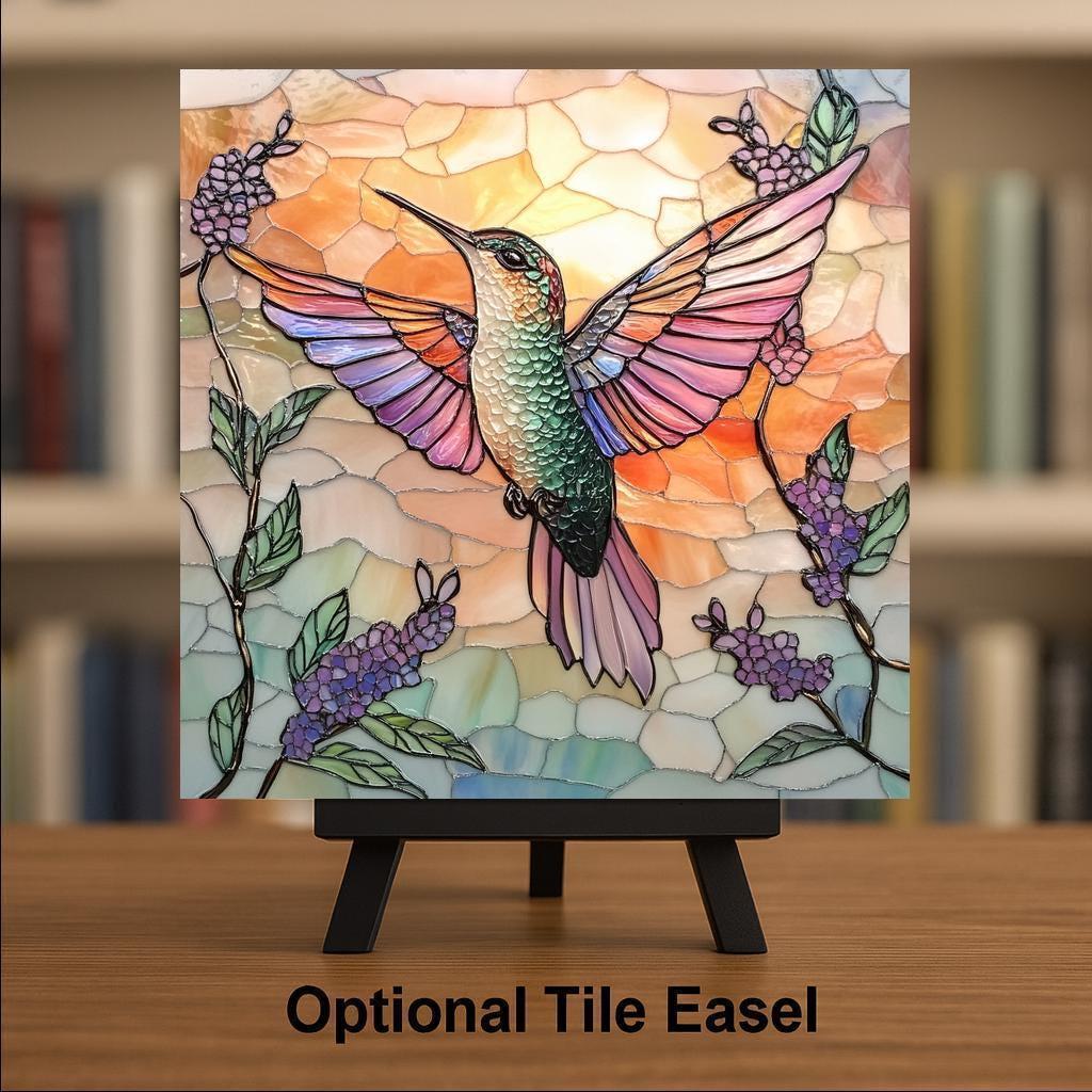 Hummingbird Vibrant Wall Art Ceramic Tile Garden Gift Stained Glass Style Decor Bird Art Nature Lover Art Gift Tile
