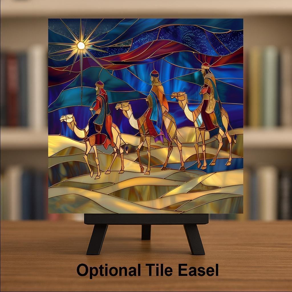 Nativity Wall Art Ceramic Tile Three Wise Men Christmas Gift Stained Glass Style Religious Decor Faith Art