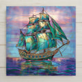 This teal sailing ship ceramic tile wall art, designed in a stained glass style, features glowing emerald sails and shimmering ocean reflections. Ideal for nautical or coastal décor, it offers optional add-ons like a tile wall hanger, easel stand, or cork backing. A thoughtful gift for sailors and ocean enthusiasts or home decor.