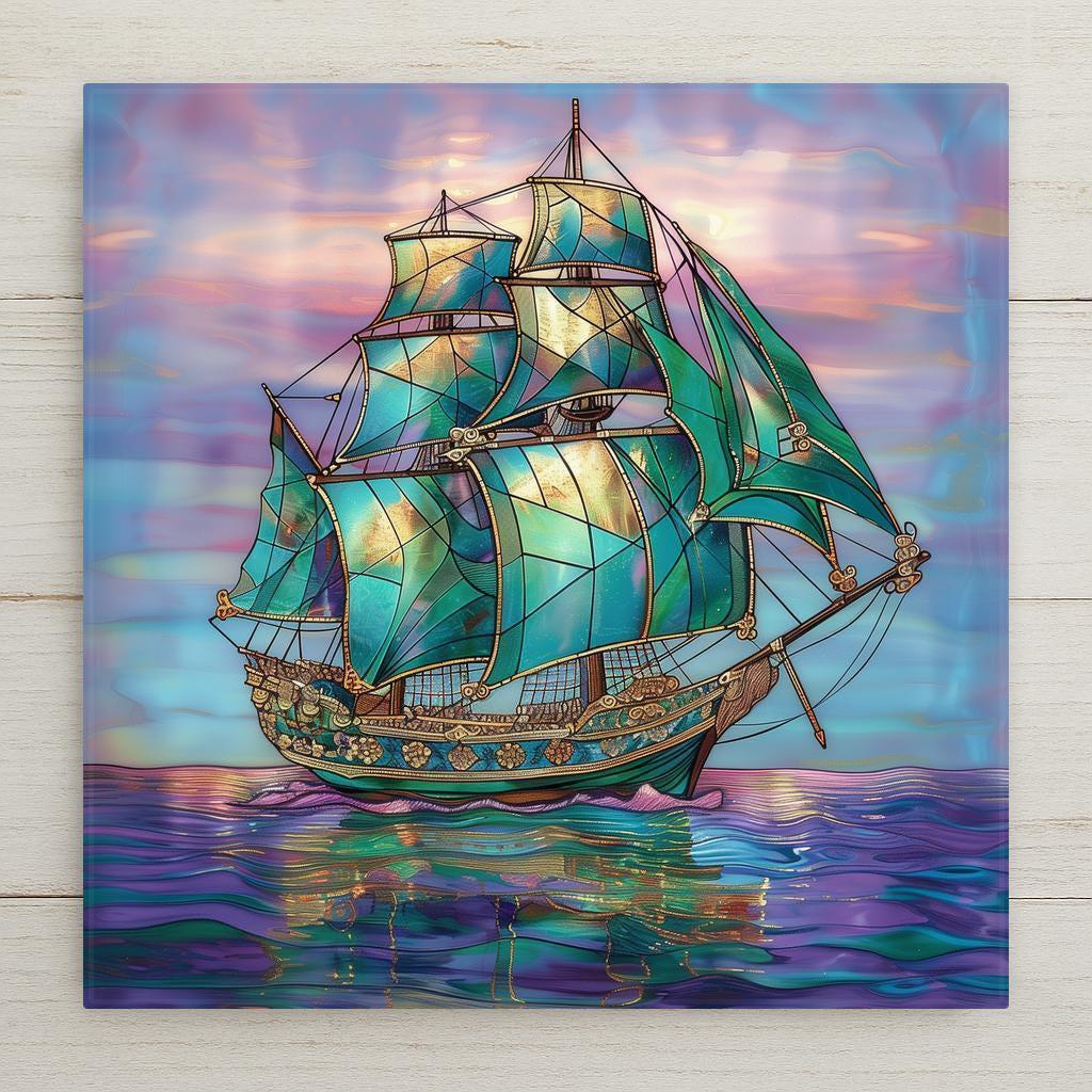 This teal sailing ship ceramic tile wall art, designed in a stained glass style, features glowing emerald sails and shimmering ocean reflections. Ideal for nautical or coastal décor, it offers optional add-ons like a tile wall hanger, easel stand, or cork backing. A thoughtful gift for sailors and ocean enthusiasts or home decor.