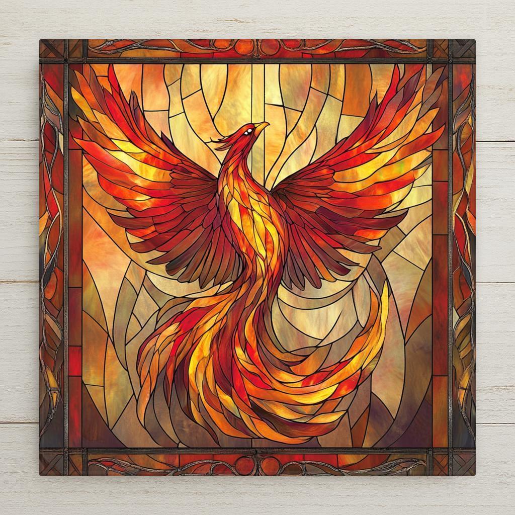 This bold Phoenix Rising Ceramic Tile bursts with fire-toned reds, oranges, and golds in a stained glass-inspired Art Nouveau design. A perfect gift for fans of mythical birds and powerful symbols of rebirth. Optional display choices include cork backing, tile stand, or wall hanger.