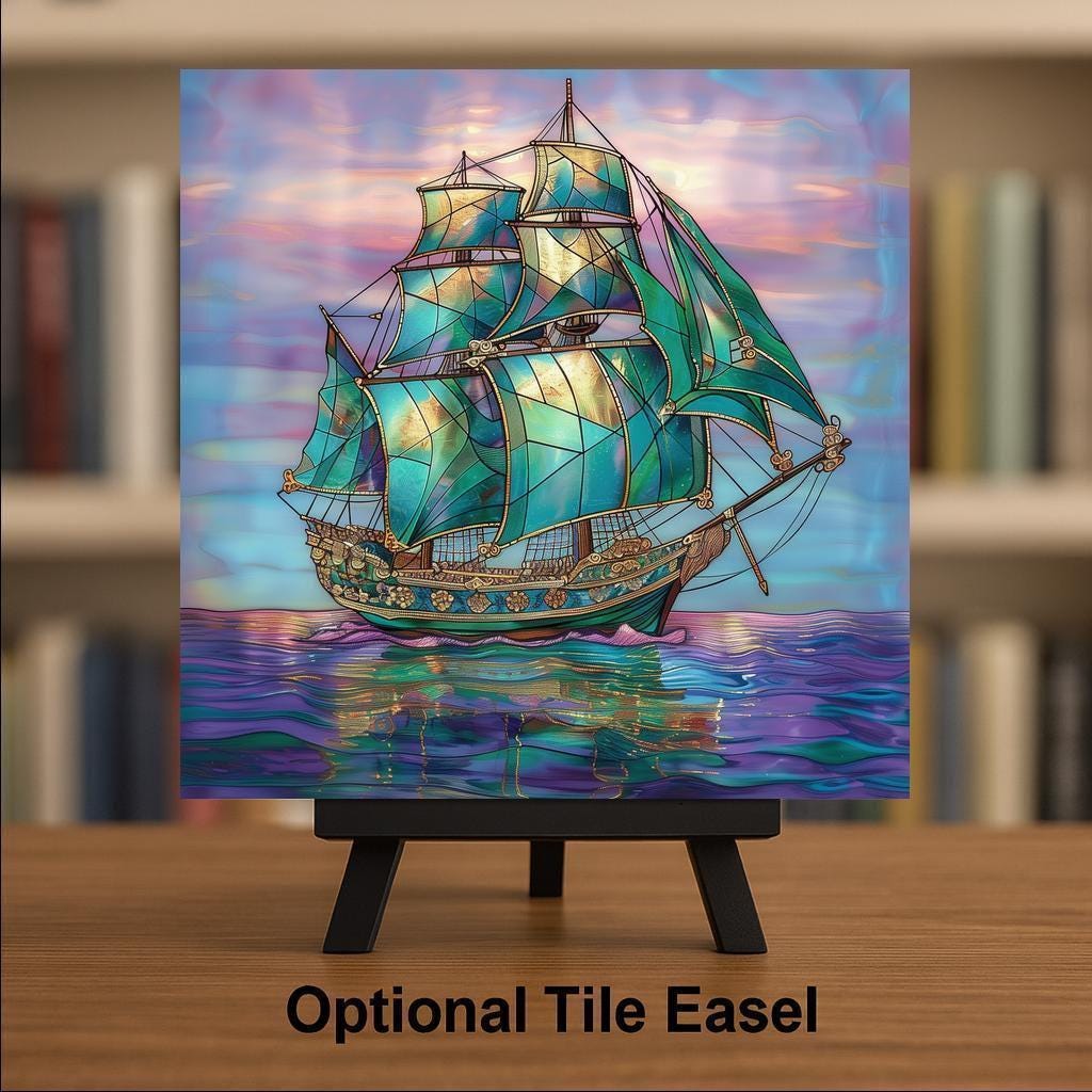 Nautical Sailing Ship Wall Art Ceramic Tile Coastal Gift Teal Decor Sailor Art Ocean Lover Gift Art Tile