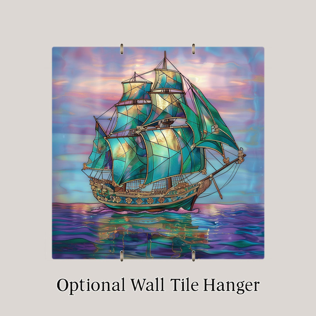 Nautical Sailing Ship Wall Art Ceramic Tile Coastal Gift Teal Decor Sailor Art Ocean Lover Gift Art Tile