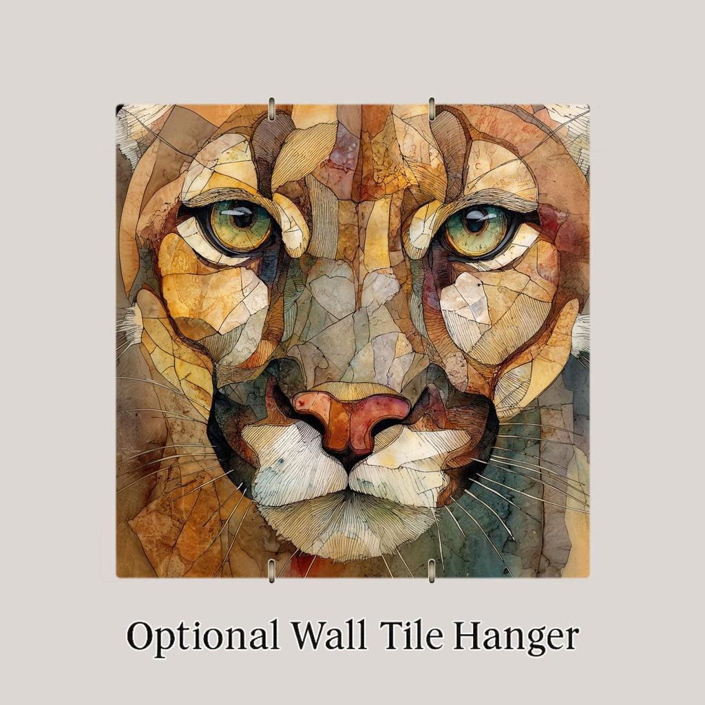 Mountain Lion Wall Art Ceramic Tile Stained Glass Style Wildlife Gift Cougar Decor Cabin Nature Art