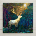 stained glass style white stag in glowing moonlit forest with golden antlers