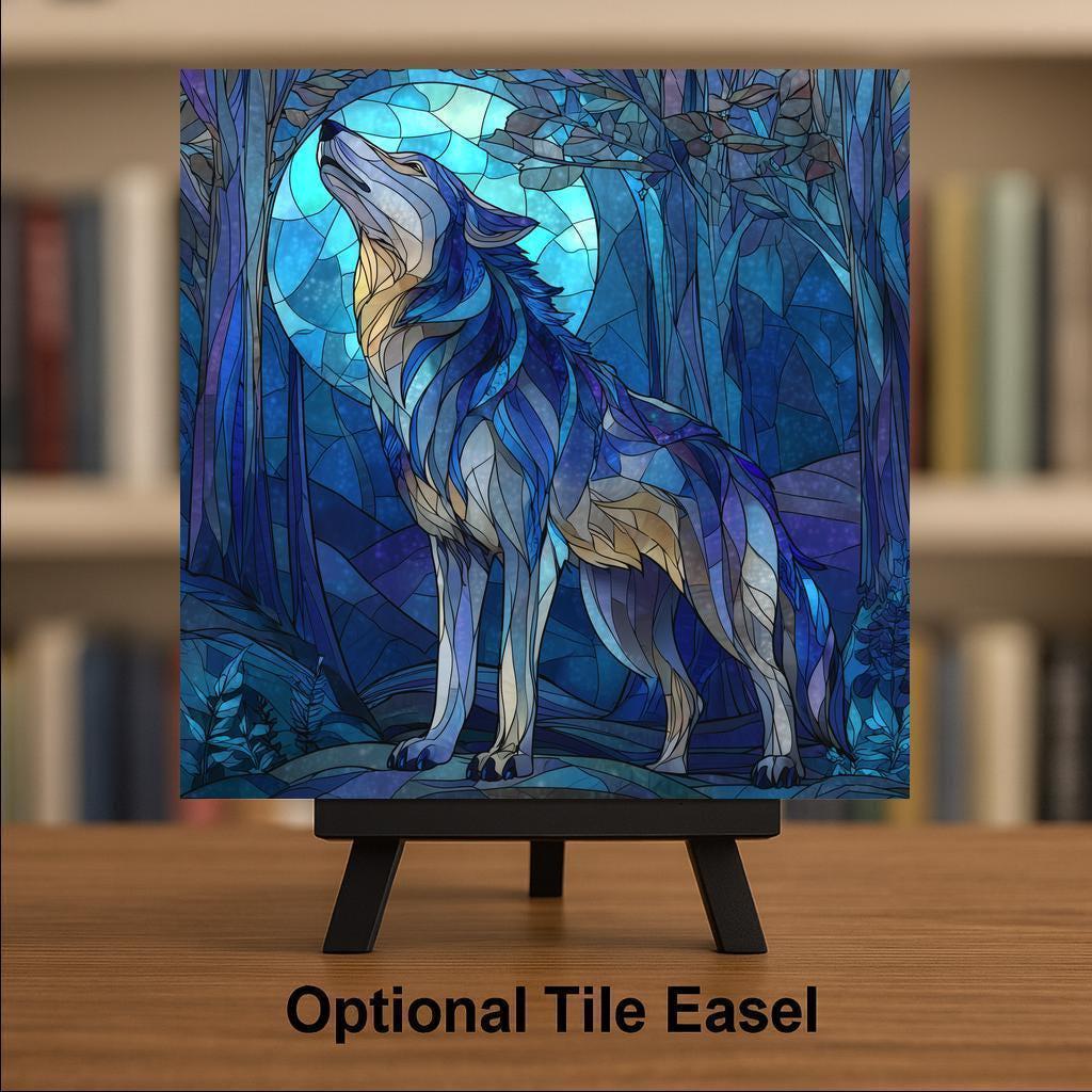 Howling Wolf Ceramic Tile Wall Art - Stained Glass Style Forest Moon Scene, Rustic Cabin Wildlife Nature Decor Gift