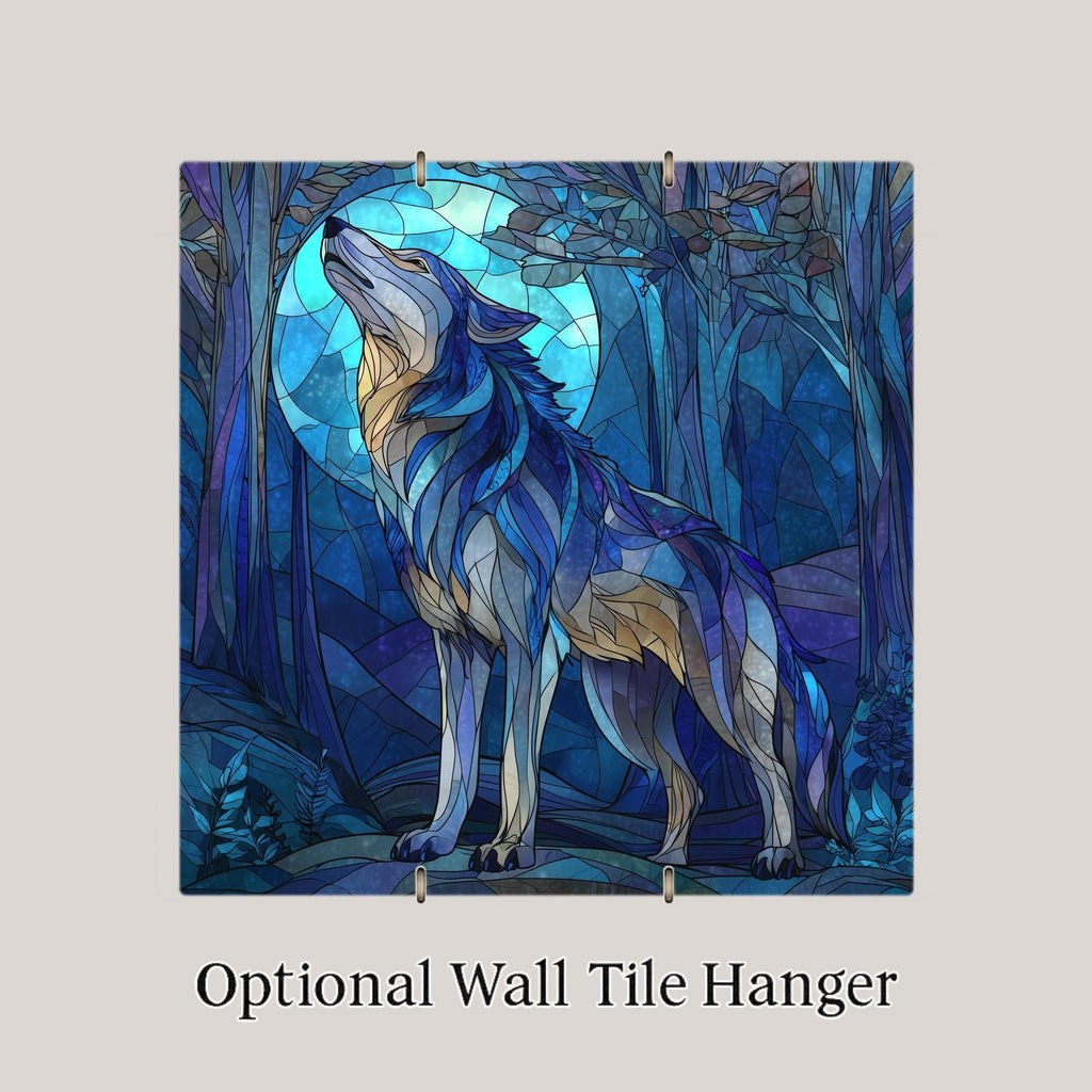 Howling Wolf Ceramic Tile Wall Art - Stained Glass Style Forest Moon Scene, Rustic Cabin Wildlife Nature Decor Gift