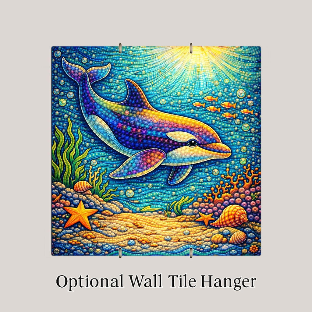Whimsical Dolphin Ceramic Tile Wall Art – Coastal Beach House Home Decor, Nursery Ocean Animal Tile, Stained Glass Style Art