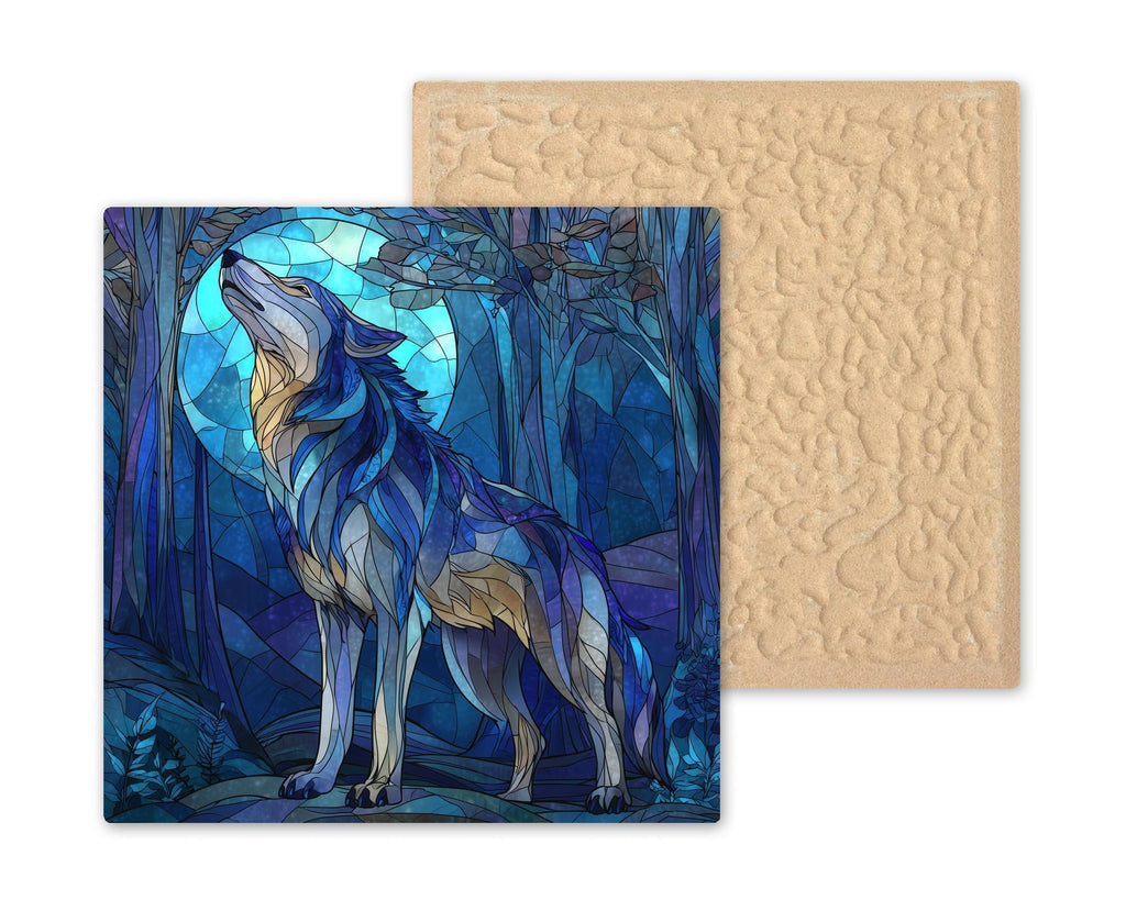Howling Wolf Ceramic Tile Wall Art - Stained Glass Style Forest Moon Scene, Rustic Cabin Wildlife Nature Decor Gift