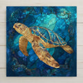 Stained glass style sea turtle ceramic tile featuring glowing golden mosaic shell and deep blue ocean background. Coastal wall art for beach house and nautical home decor.