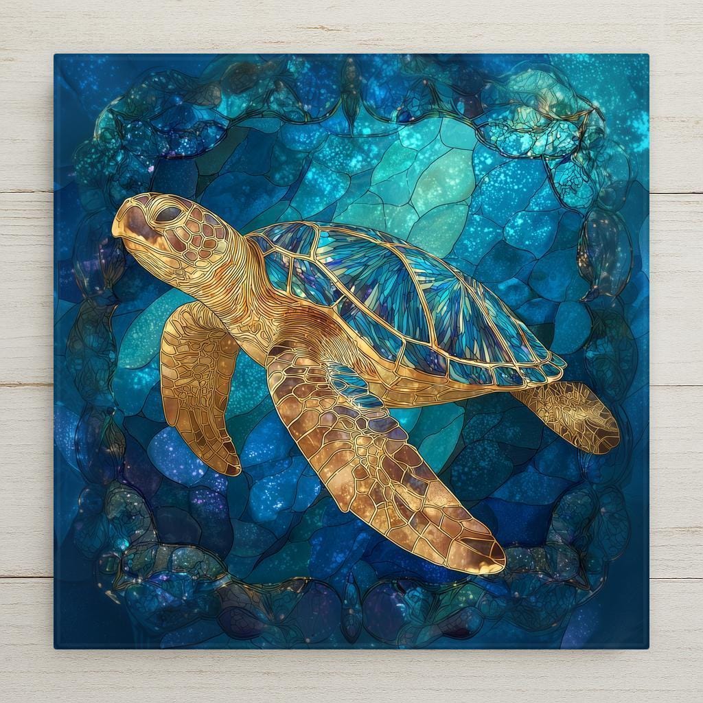 Stained glass style sea turtle ceramic tile featuring glowing golden mosaic shell and deep blue ocean background. Coastal wall art for beach house and nautical home decor.