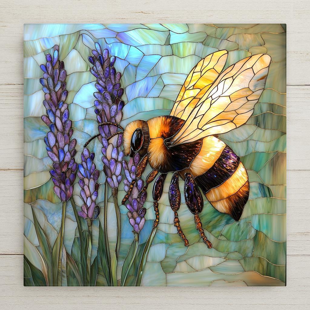 Stained glass bee lavender tile wall decor for spring home decor. Beautiful cottagecore ceramic tile and bee wall art. Perfect bee lover gift or garden decor piece.