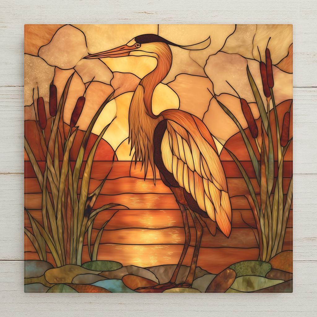 Golden heron stained glass-style ceramic tile with amber, mocha, and olive tones. Perfect wall art for home decor. Optional tile wall hanger, tile stand, cork backing, and premium frame available. Permanent print on tile, not real stained glass or mosaic.