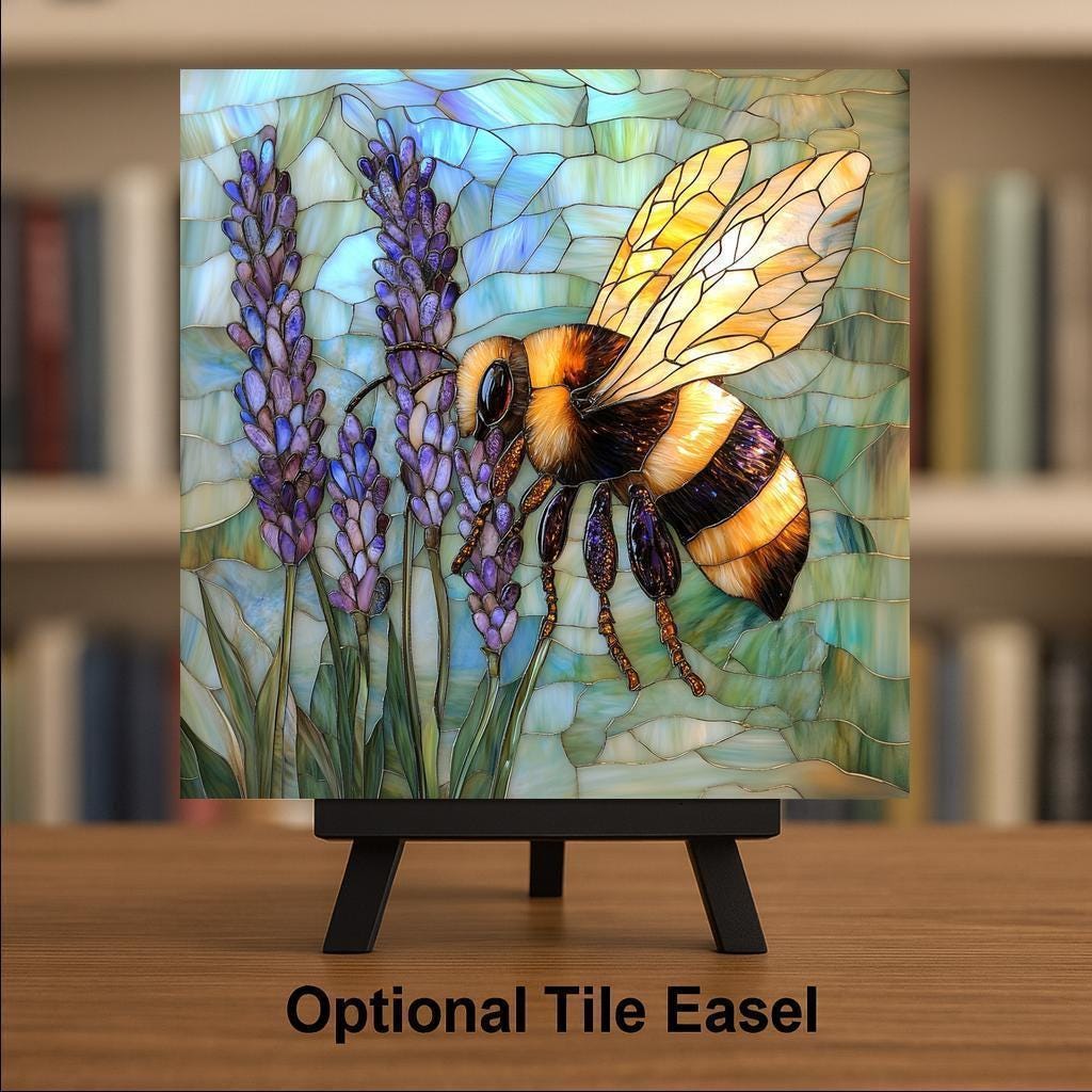 Stained Glass Bee & Lavender Ceramic Tile Wall Art: Cottagecore Wall Decor Home Decor