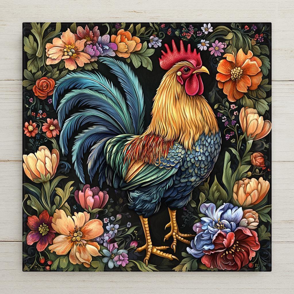 This decorative wall art tile evokes vintage storybook charm with its elaborate floral background and proud, color-rich rooster. The stylized feathers and glowing palette bring a warm, nostalgic vibe to your walls and home decor, while the dark backdrop makes the artwork pop with vivid energy.