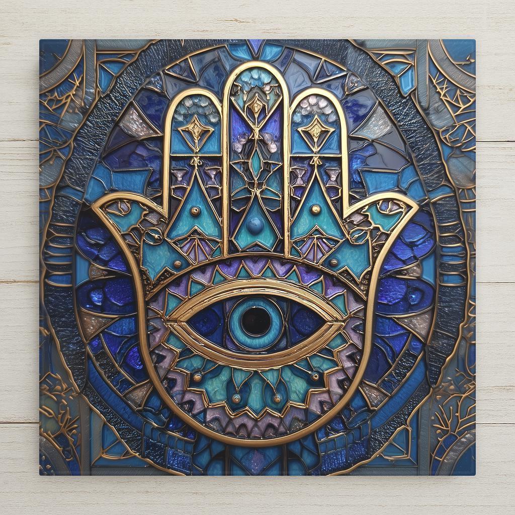 Stained glass style hamsa hand ceramic tile showing an ornate gold-lined hamsa with a large evil eye in the palm against radiating jewel-blue mandala glass panels, boho protection wall art