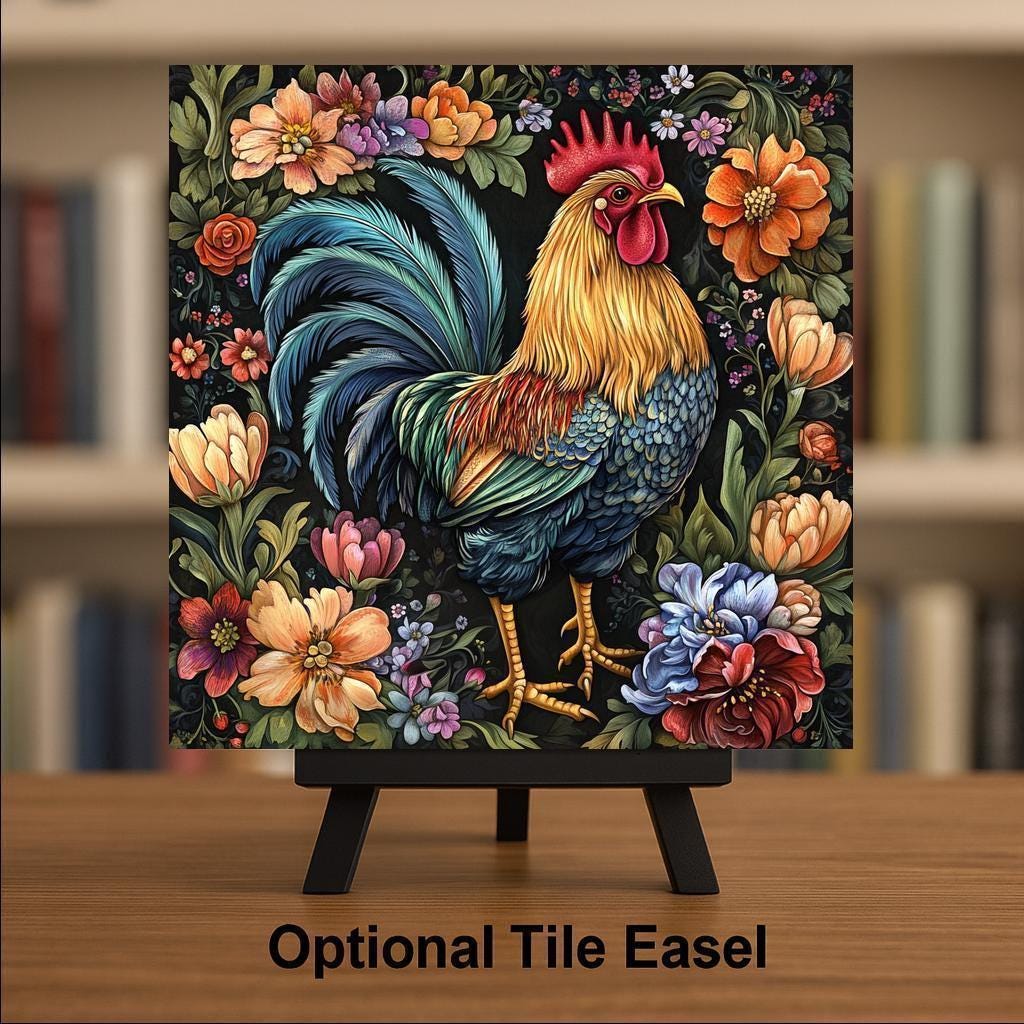 Vibrant Ceramic Rooster Tile Wall Art - Folk Art Farmhouse Wall Decor with Floral Accents Home Decor