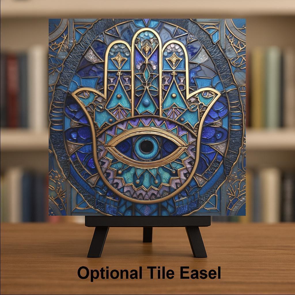 Hamsa Hand Wall Art Ceramic Tile Stained Glass Style Evil Eye Decor Boho Spiritual Protection Art Hamsa Tile