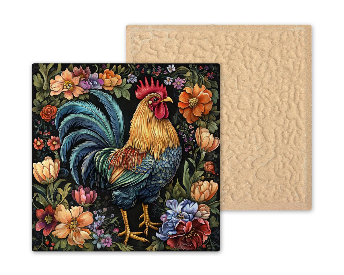 Vibrant Ceramic Rooster Tile Wall Art - Folk Art Farmhouse Wall Decor with Floral Accents Home Decor
