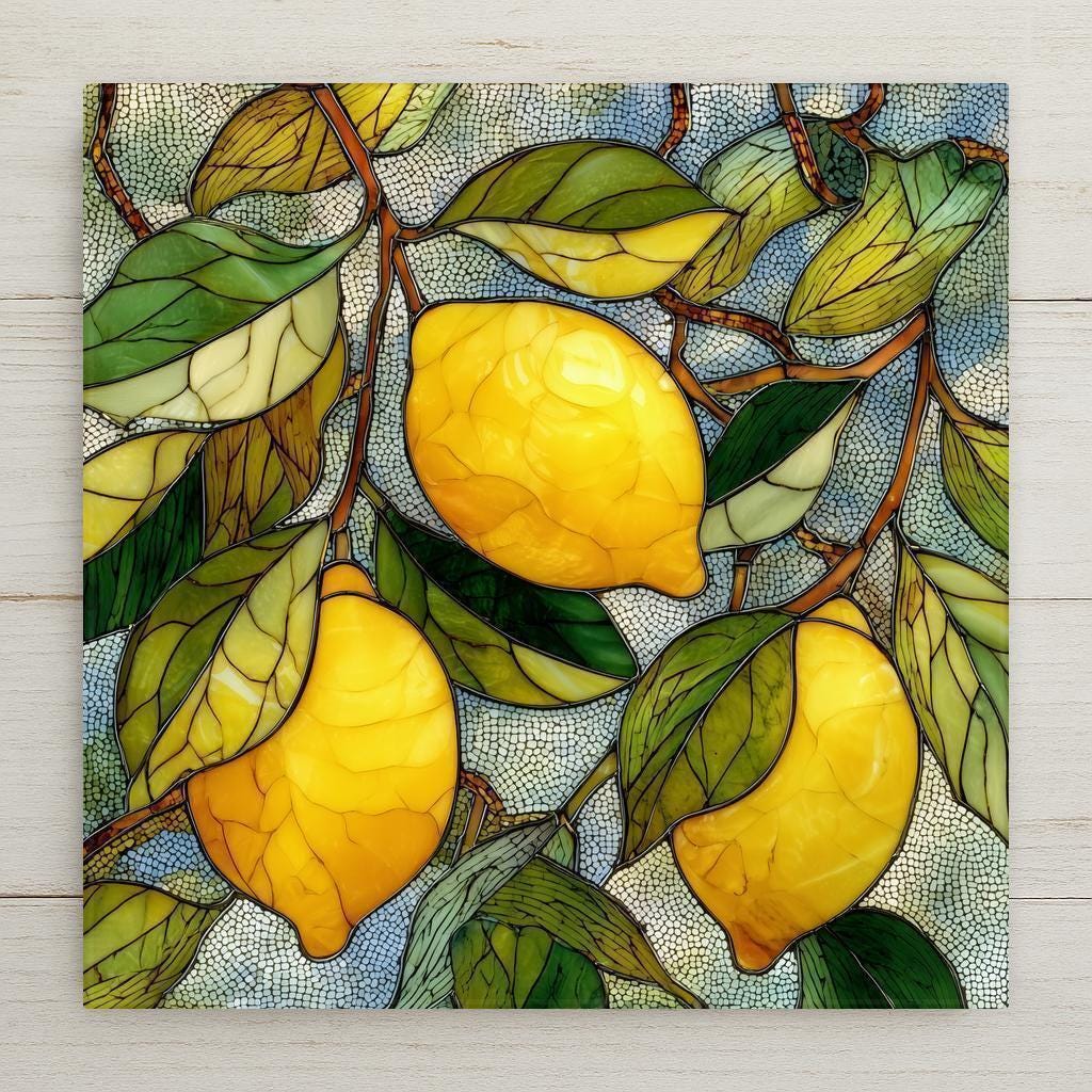 Stained glass style ceramic tile featuring bright yellow lemons on leafy branches with mosaic background.