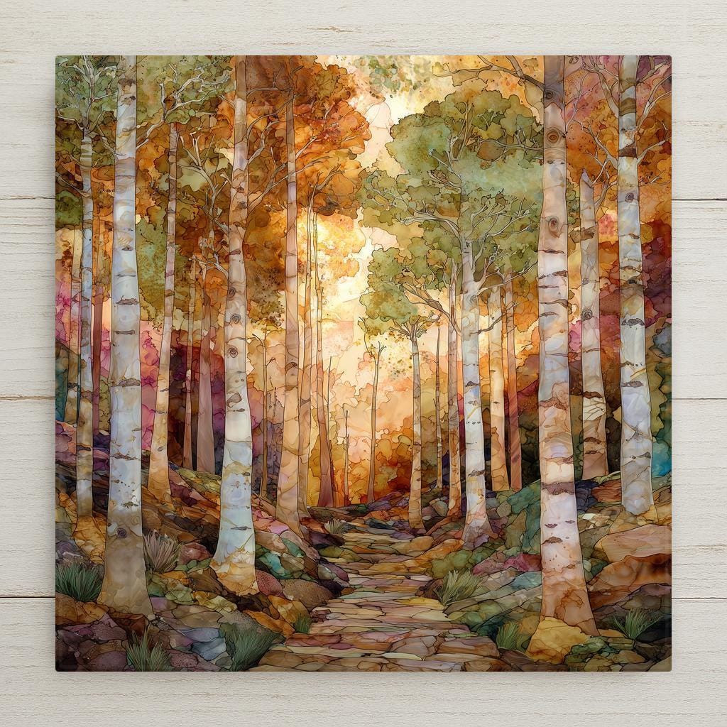 Birch forest wall art ceramic tile featuring tall white birch trees, golden autumn light, and a winding stone path. Warm fall colors in amber, orange, green, and earth tones create rustic cabin decor and woodland home decor with a stained glass–inspired glow.
