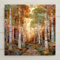 Birch forest wall art ceramic tile featuring tall white birch trees, golden autumn light, and a winding stone path. Warm fall colors in amber, orange, green, and earth tones create rustic cabin decor and woodland home decor with a stained glass–inspired glow.