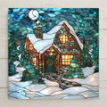 Stained glass–style ceramic tile home decor featuring a glowing Christmas cabin in the snow with a holiday wreath and pine trees. While it may look like stained glass or mosaic, this is a permanent print on tile. Printed with premium inks for lasting vivid color. Optional add-ons include a tile wall hanger, easel tile stand, or cork backing. Perfect for Christmas wall art, rustic cabin décor, or festive holiday gifts.