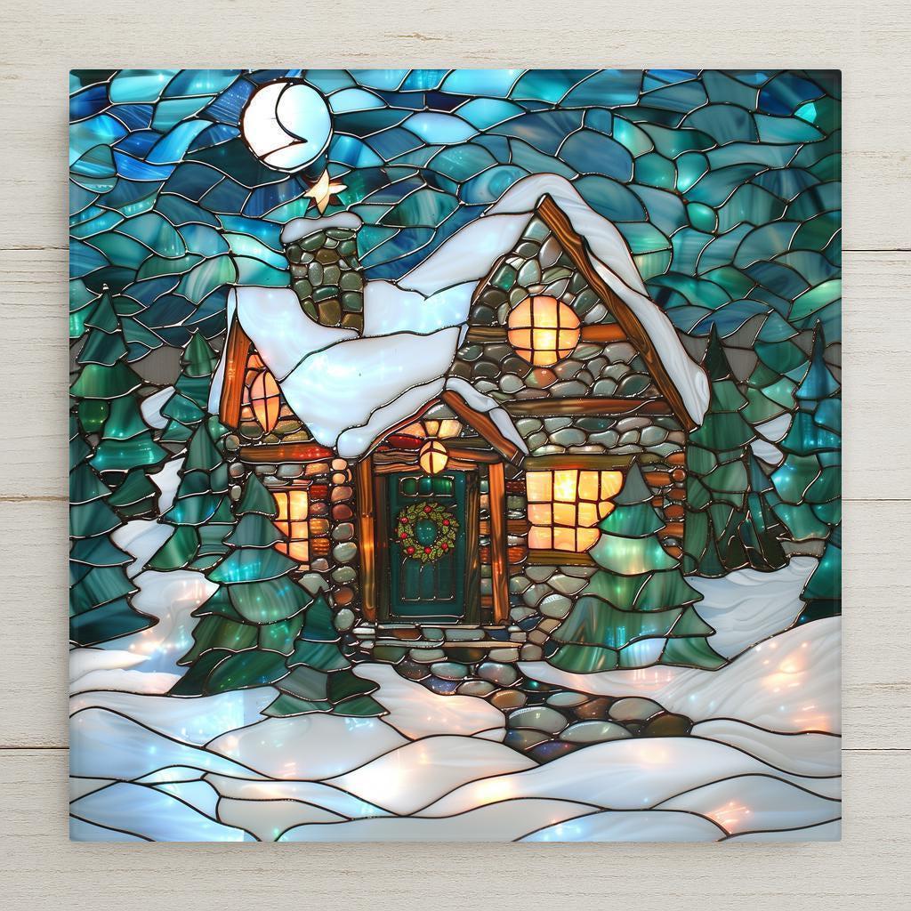 Stained glass–style ceramic tile home decor featuring a glowing Christmas cabin in the snow with a holiday wreath and pine trees. While it may look like stained glass or mosaic, this is a permanent print on tile. Printed with premium inks for lasting vivid color. Optional add-ons include a tile wall hanger, easel tile stand, or cork backing. Perfect for Christmas wall art, rustic cabin décor, or festive holiday gifts.