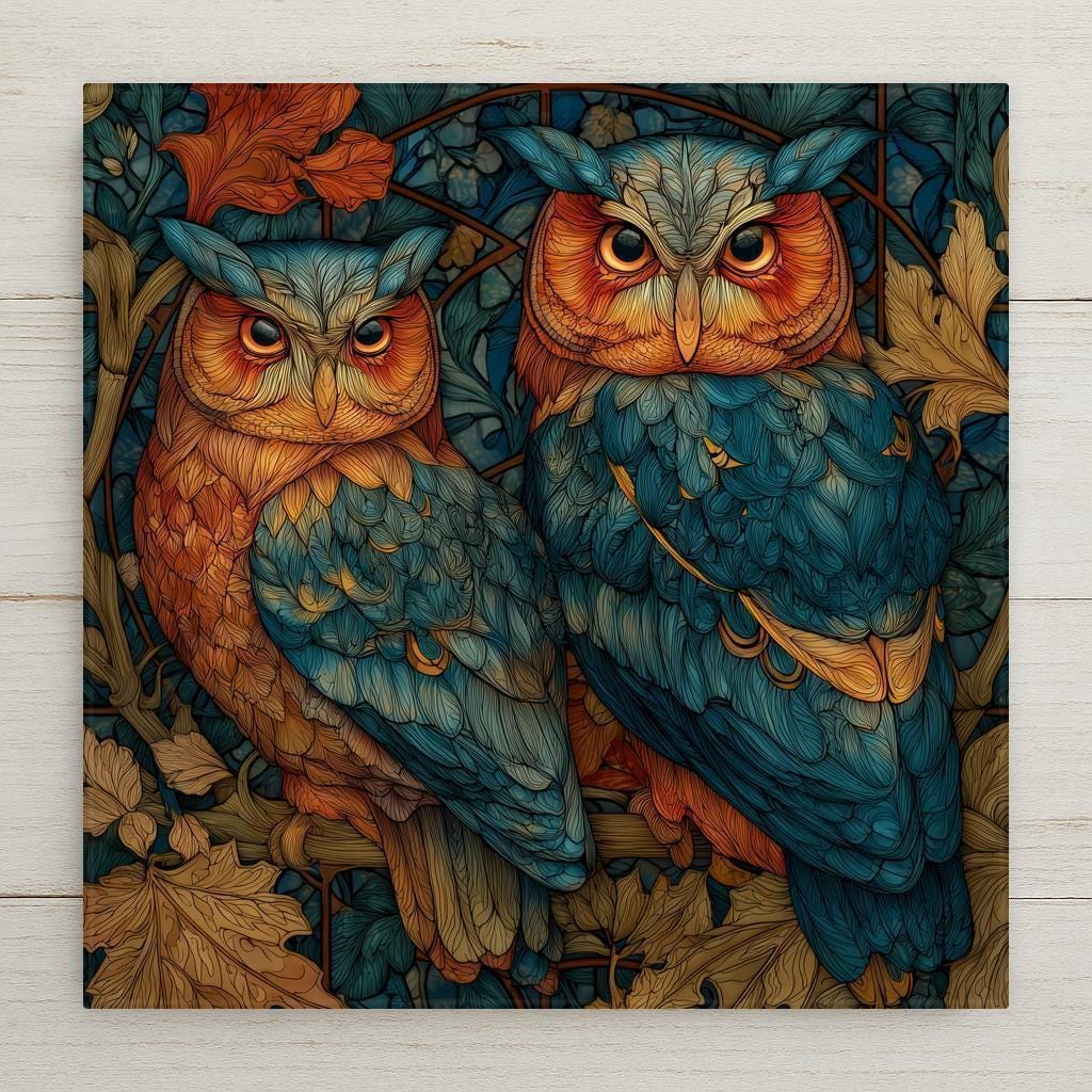 This owl stained glass style ceramic tile wall art features two woodland owls in glowing teal and amber tones. Perfect for rustic wall decor or nature décor, it includes optional add-ons like a tile wall hanger, easel tile stand, or cork backing. A meaningful gift for bird lovers.