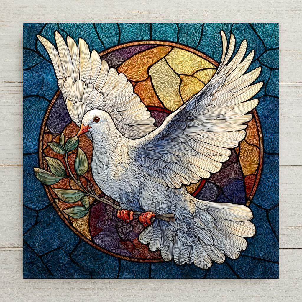 A peaceful stained-glass style ceramic tile featuring a dove with an olive branch. Perfect for spiritual decor, gifts, or uplifting wall art. Optional tile wall hanger, easel tile stand, cork backing, and premium frame available. Printed artwork—not real stained glass or mosaic. A beautiful symbol of hope and peace for any home.