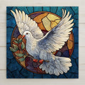 A peaceful stained-glass style ceramic tile featuring a dove with an olive branch. Perfect for spiritual decor, gifts, or uplifting wall art. Optional tile wall hanger, easel tile stand, cork backing, and premium frame available. Printed artwork—not real stained glass or mosaic. A beautiful symbol of hope and peace for any home.