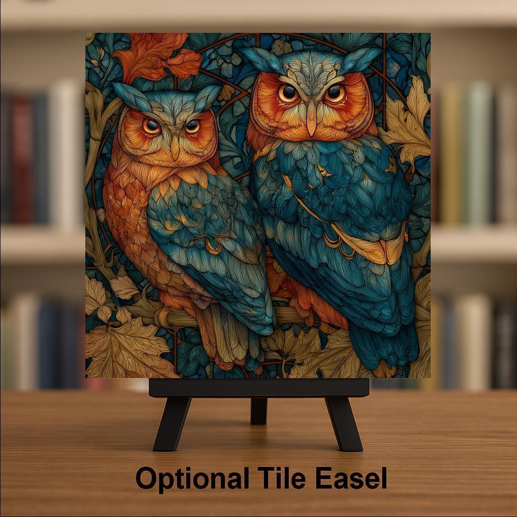 Woodland Owl Wall Art Ceramic Tile Birdwatcher Gift Stained Glass Style Decor Owl Lover Nature Art Night Bird Gift Tile