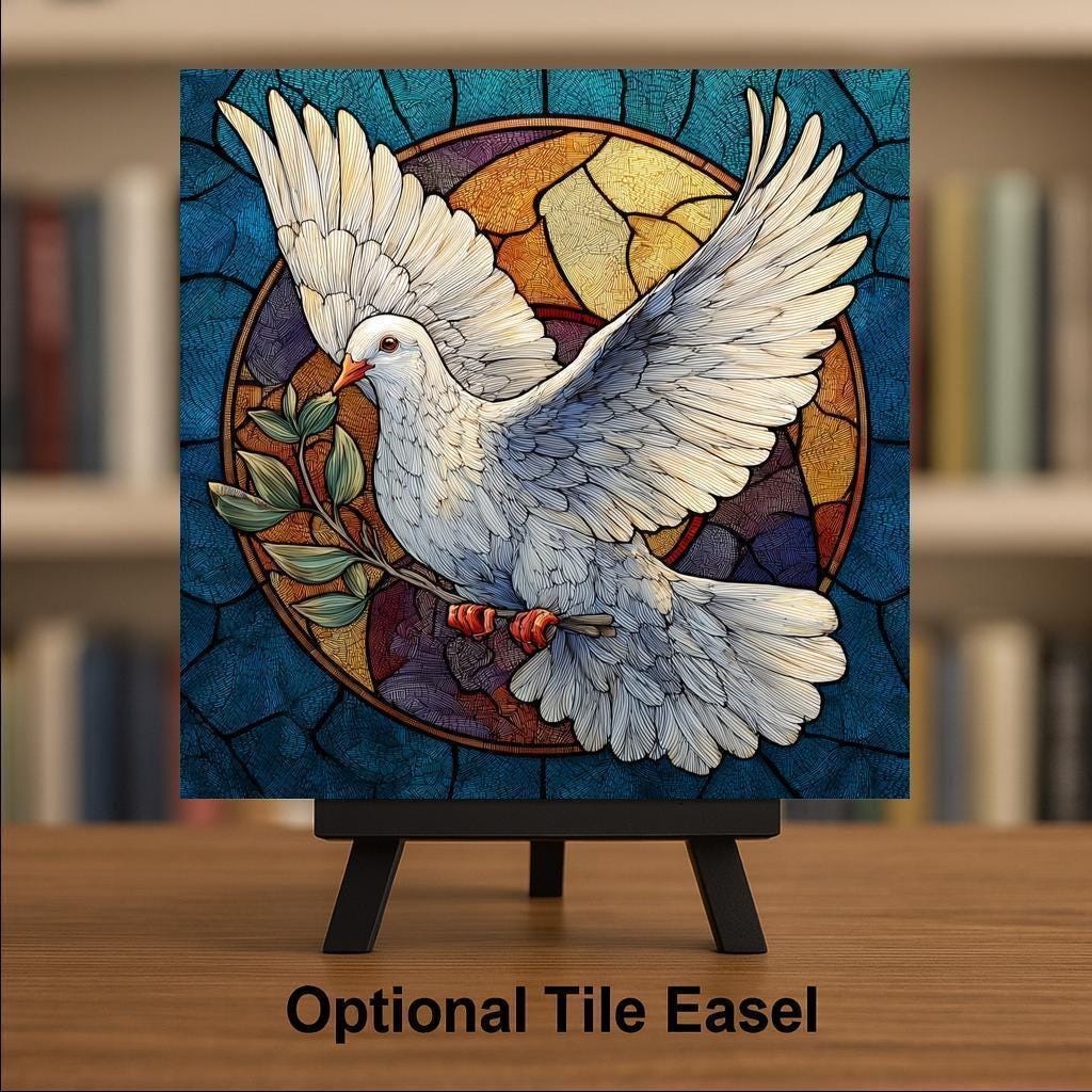 Dove Ceramic Art Tile – Stained Glass Style Christian Wall Decor, Peaceful Faith Sympathy Gift