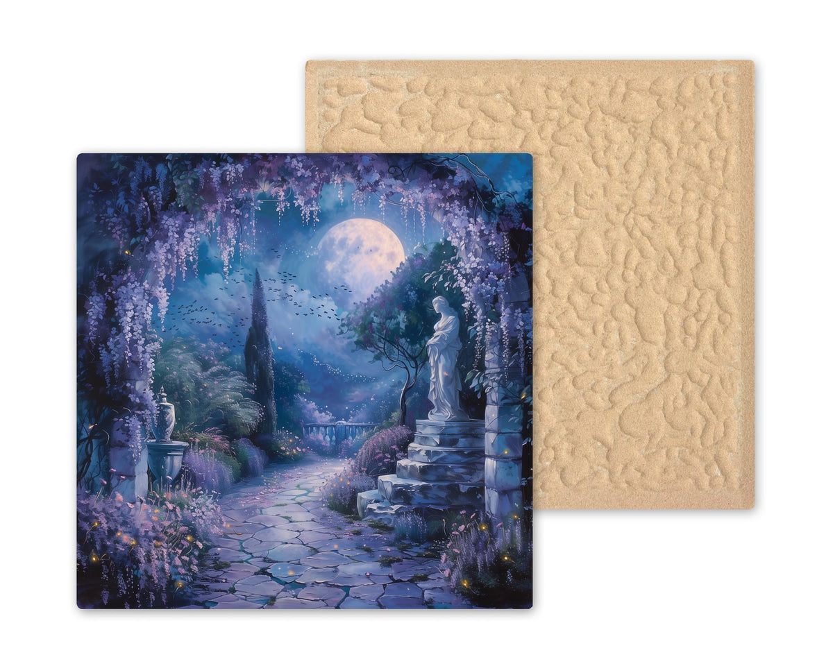 Moonlit Wisteria Ceramic Tile Wall Art Dark Academia Garden Statue Night Scene Moody Celestial Decor