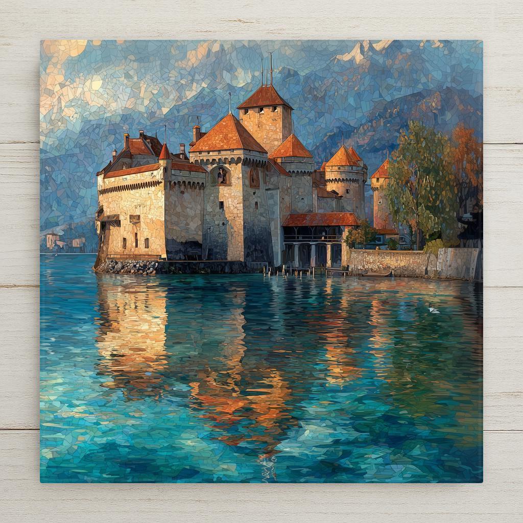 Stained glass–style ceramic tile artwork featuring Château de Chillon on Lake Geneva, Switzerland. A timeless European castle scene with luminous water reflections and warm stone tones, perfect for wall decor, home decor, or travel-inspired gifting. Optional tile wall hanger, easel tile stand, cork backing, or premium frame available.