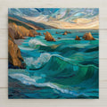 Big Sur’s waves crash in brilliant teal and gold in this stained glass-style ceramic tile. Permanent sublimation print (not real glass). Optional premium frame, wall hanger, easel stand, or cork backing. A striking coastal art gift inspired by California’s rugged cliffs and ocean.