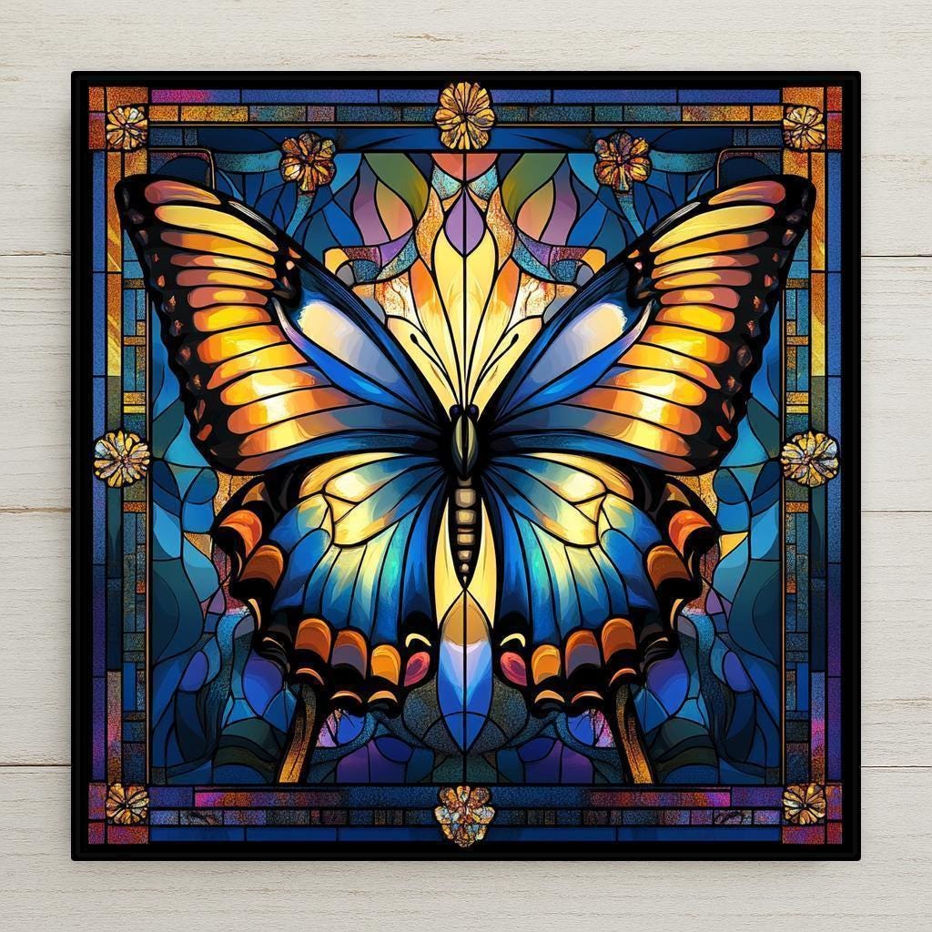Inspired by antique butterfly catalog illustrations and vintage stained glass, this wall art tile features a blue butterfly centered in an ornate mosaic frame. The glowing colors and detailed finish give it timeless charm — perfect for home decor and collectors and fans of Art Nouveau design.
