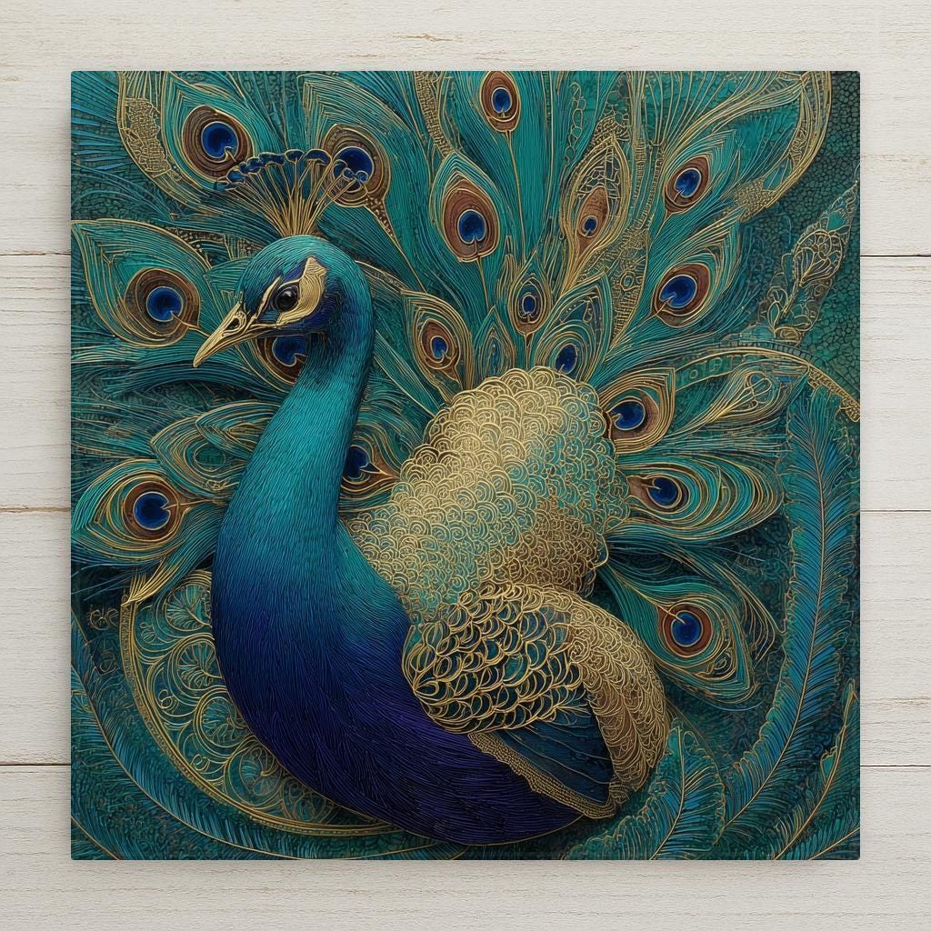 Elegant peacock ceramic tile wall art in rich teal and gold tones. Printed on durable ceramic with optional hanger, cork backing, or easel tile stand. Make a great home decor gift.
