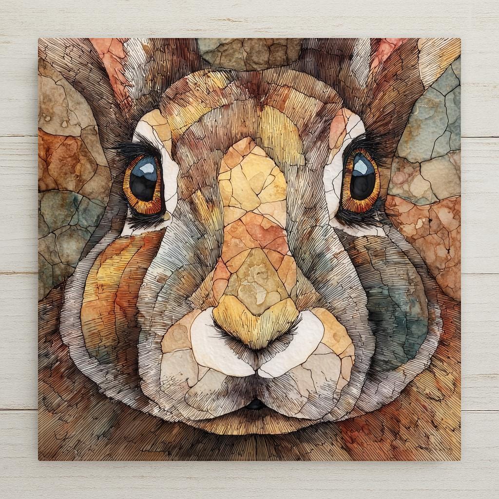 Art Nouveau style rabbit decorative tile featuring a stained glass inspired portrait with warm earth tones, soft creams, and fine mosaic linework. Printed on glossy ceramic, this woodland animal art tile highlights detailed fur texture and a calm expression, making it ideal for rustic cottage decor, nature inspired interiors, or wildlife wall art collections.